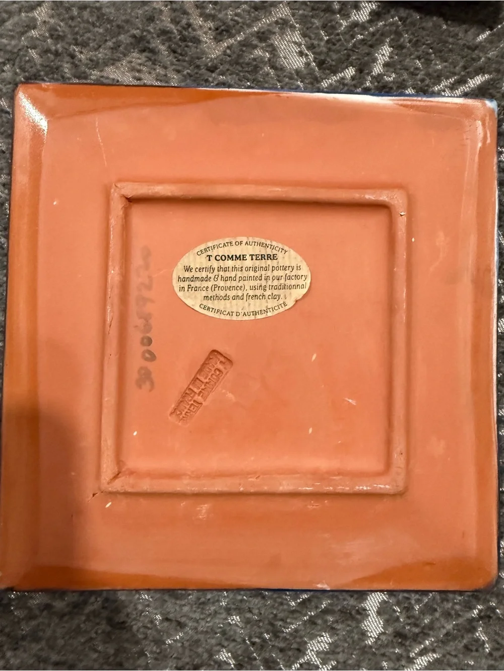 T Comme Terre Provence France Hand Painted Square Plates 7.5” Pair Unused